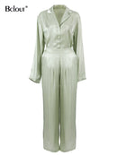 Bclout Green Vintage Two Piece Sets Women Autumn Suits Of Elegant Woman Long Sleeve Top And High Waist Pants 2 Piece Set Female