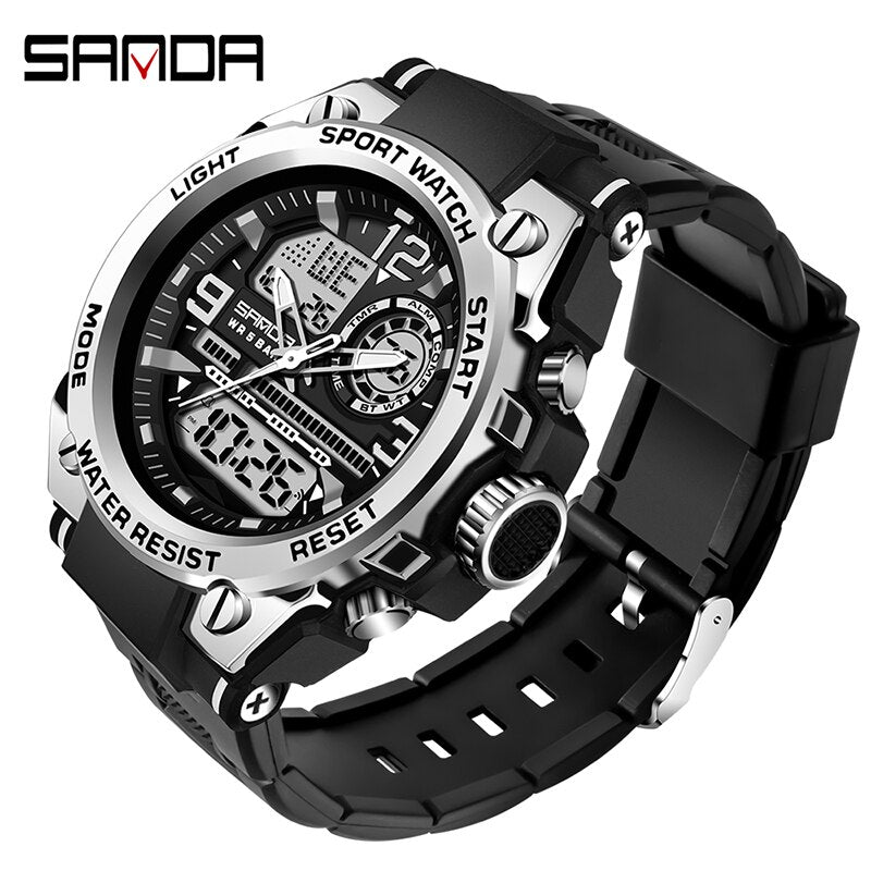 SANDA Brand Men's Watch Military Outdoor Sports Waterproof Watches Dual Display Quartz LED Digital Clock Relogio Masculino