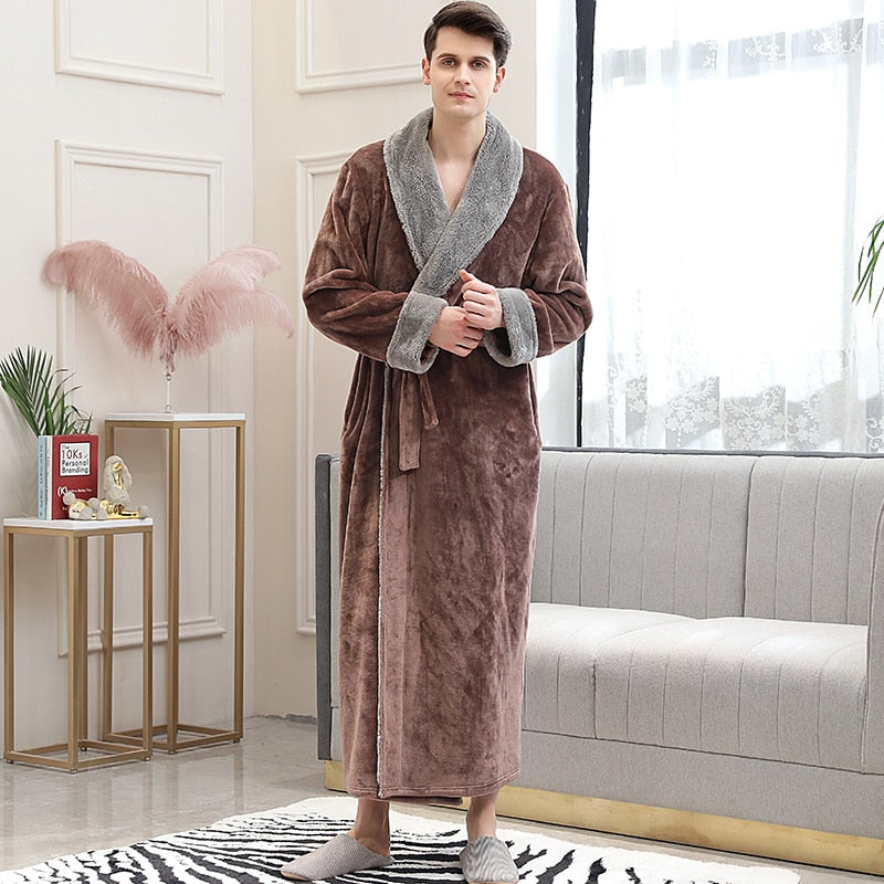 Women Men Winter Plus Size Flannel Robe Extra Long Hooded Warm Bathrobe Lovers Thick Kimono Bath Robe Male Dressing Gown Robes