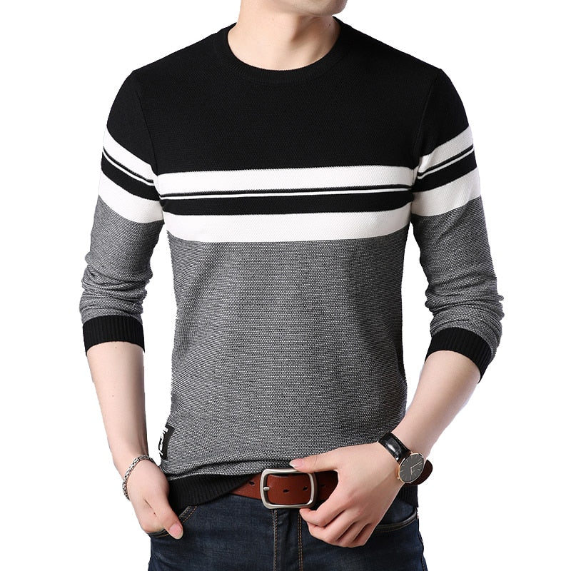 BROWON Brand 2022 Autumn Sweater Men O-neck Striped Knittwear Men Slim Sweaters Male Long Sleeve Social Business Clothes Men