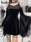 InsGoth Goth Sexy Flare manga vestido negro Y2K Harajuku alta cintura una línea Mini vestidos fuera del hombro Punk Halloween otoño vestido