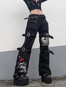 InsGoth Y2K Punk Skull Print Black Buckle Pants Harajuku High Waist Big Pocket Trousers Goth Mall Grunge Cargo Pants Techwear