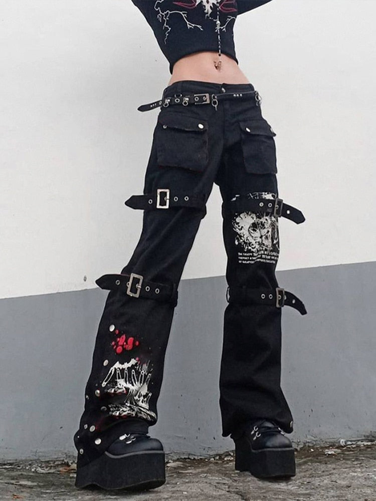 InsGoth Y2K Punk Skull Print Negro Hebilla Pantalones Harajuku Cintura alta Pantalones con bolsillos grandes Goth Mall Grunge Cargo Pantalones Techwear