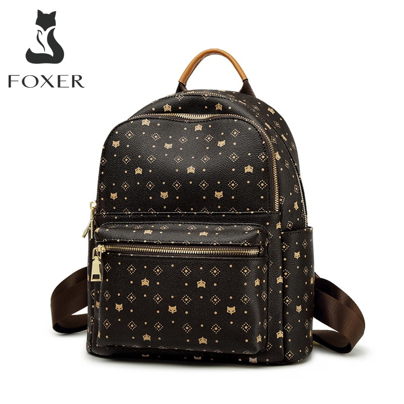 FOXER Women Backpack Signature PVC Printing Fashion Backpack Lady Travel Rucksack Female Retro Monogram Business Laptop Backpack