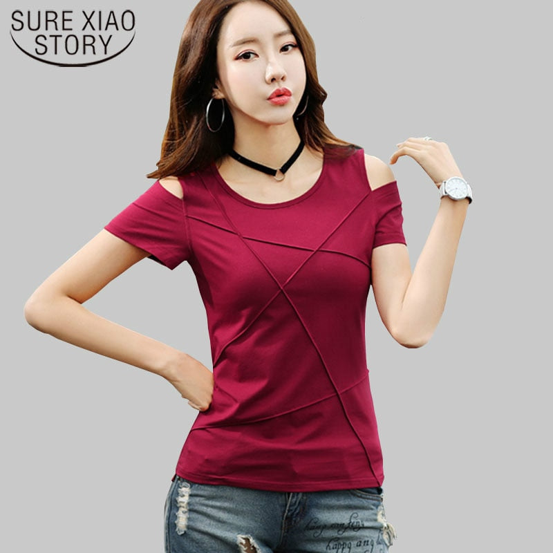 2022 Summer Fashion Women Off Shoulder Tshirt Short Sleeve Shirt Women Tops Solid Color Hole Shirt Casual Blusas New 3022