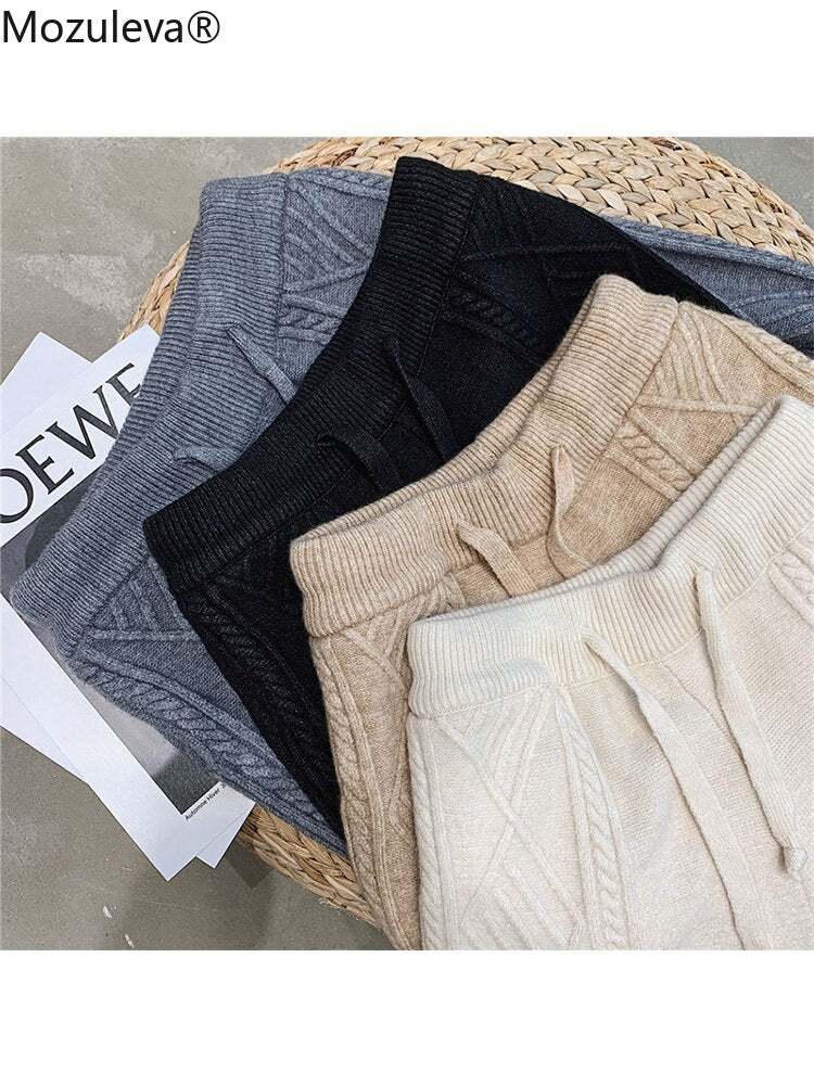 Mozuleva Winter Thicken Women Harem Pants Casual Drawstring Twisted Knitted Pants Femme Chic Warm Female Sweater Trousers 2021