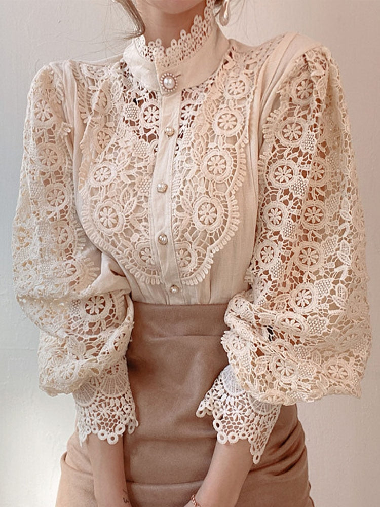 Petal Sleeve Stand Collar Hollow Out Flower Lace Patchwork Shirt Femme Blusas All-match Women Lace Blouse Button White Top 12419