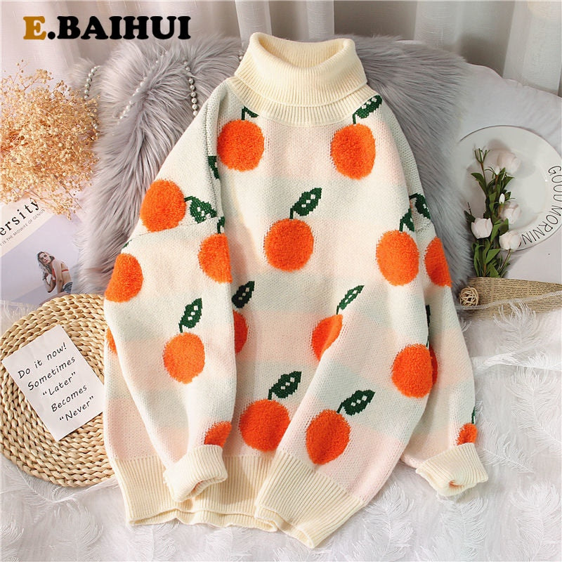 EBAIHUI 2020 Herbst Winter Pullover Pullover Kirschmuster Langarm Pullover Frauen Rollkragen Strickpullover Pullover Mujer