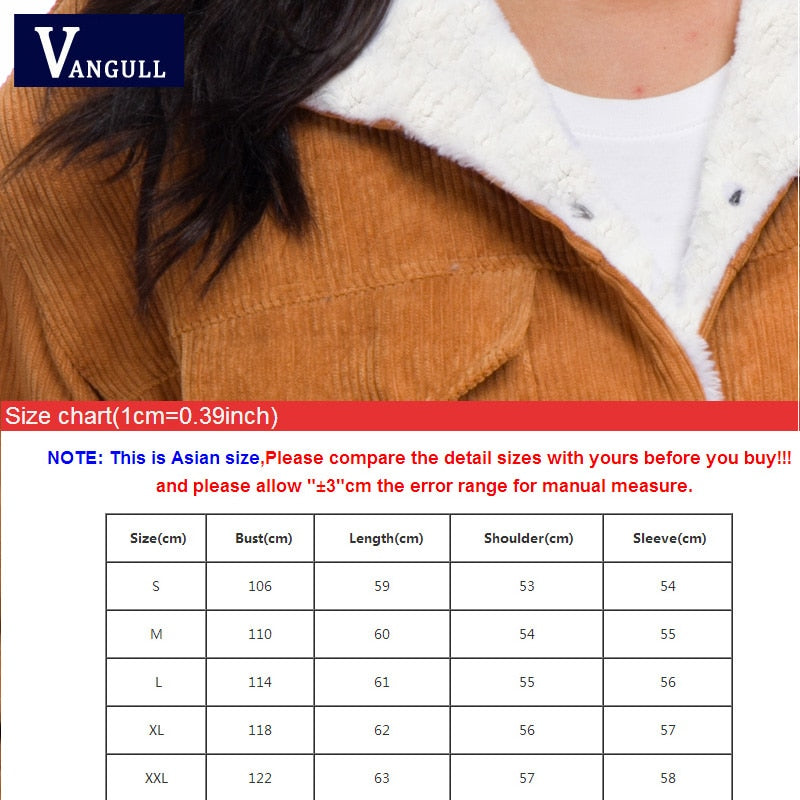 Vangull Winter Damen Cord Fleece Mantel Warm Verdicken Baumwolle Samt Damen Jacke Mode Kunstpelz Futter Langarm Outwears