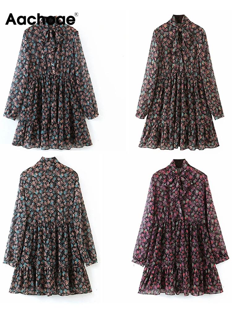 Aachoae Damen Blumenkleid Fliege Hals Vintage Plissee Kleid Durchsichtig Ärmel Print Minikleid Lässiges Sommerkleid Vestidos
