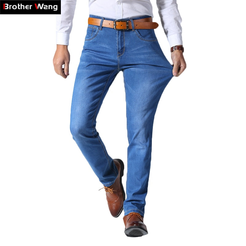 Brother Wang, pantalones vaqueros de marca de estilo clásico para hombre, pantalones vaqueros ajustados elásticos informales de negocios, pantalones negros azul claro para hombre