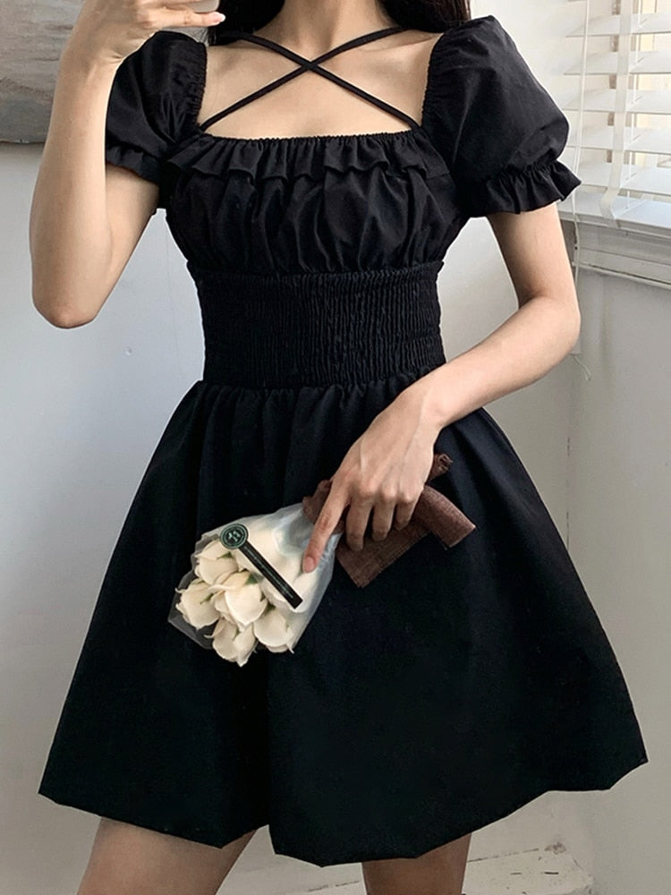 SUCHCUTE Gothic Damen Minikleid Rüschen Sommer 2022 Vintage Dunkles Kleid Partykleider 90er Jahre Ästhetik Schlank Elastische Taille Clubwear