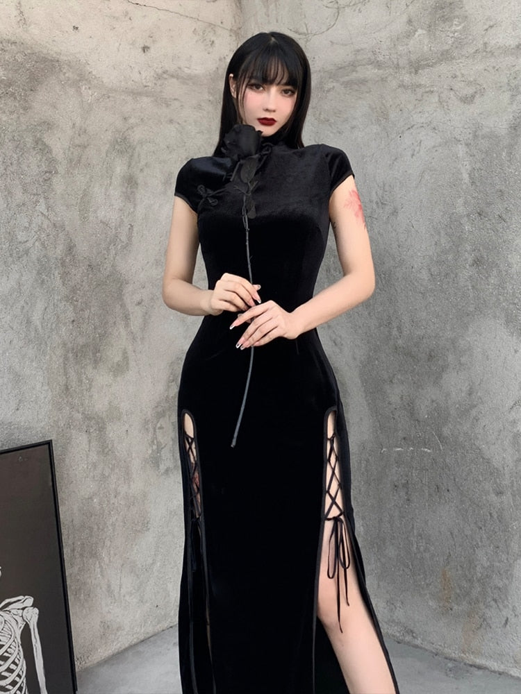 InsGoth Retro Cheongsam Black Dress Goth High Waist Bandage Patchwork  Midi Dress Women Elegant Bodycon Short Sleeve Party Dress