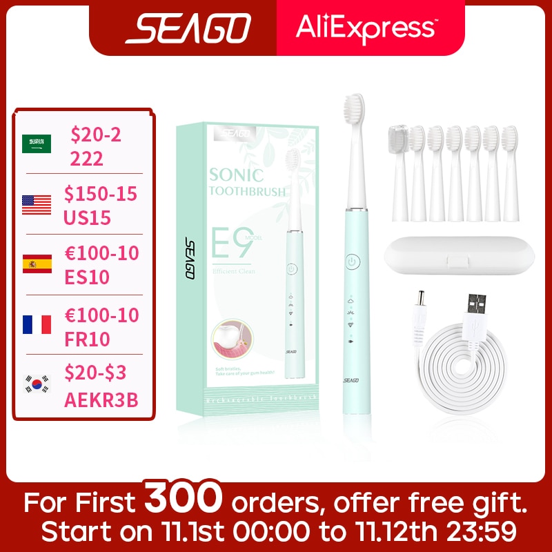 SEAGO Electric Toothbrush Sonic Rechargeable Travel Waterproof  Electronic Tooth 8 Brushes Soft Replacement Heads For Adult Gift