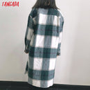 Tangada 2020 Autumn Winter Women green plaid Long Coat Jacket Casual Warm Overcoat Fashion Long Coats AI35