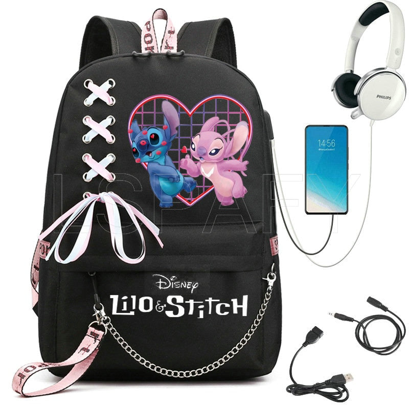 Disney Kawaii Stitch Bag Zipper USB Charging Mochila Capacity Backpack Women Kpop School Bags for Teenage Girls Students