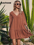 Aachoae Women Casual Loose Polka Dot Dress V Neck Pleated Chiffon Dress Lantern Half Sleeve Mini Beach Dress Summer Robe Femme