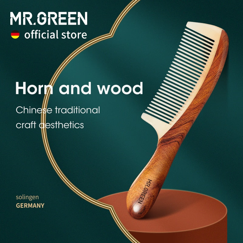 MR.GREEN Comb Natural Wood With Horn Splicing Structure Fine Tooth Hair Comb Anti-Static Head acupuncture point massage Gift