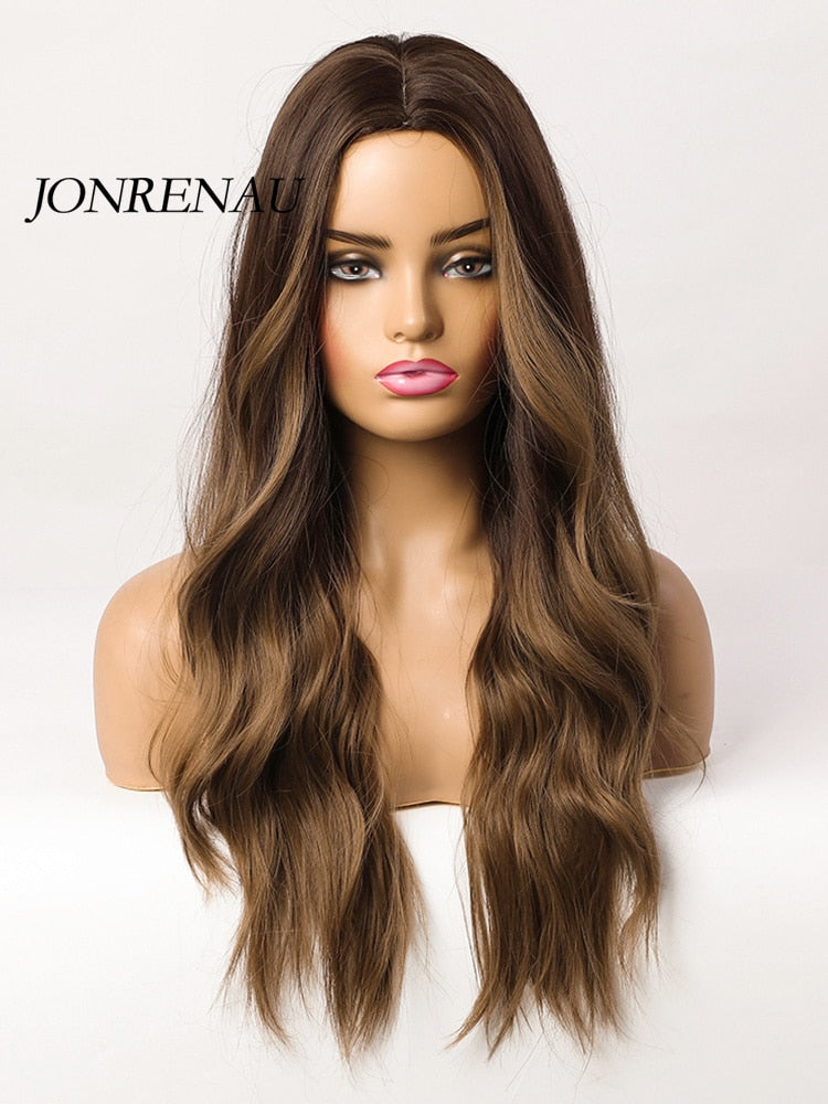 JONRENAU, pelucas sintéticas de color marrón oscuro con degradado de pelo de parte media y ondas naturales largas para mujer, peluca resistente al calor para uso diario en Cosplay