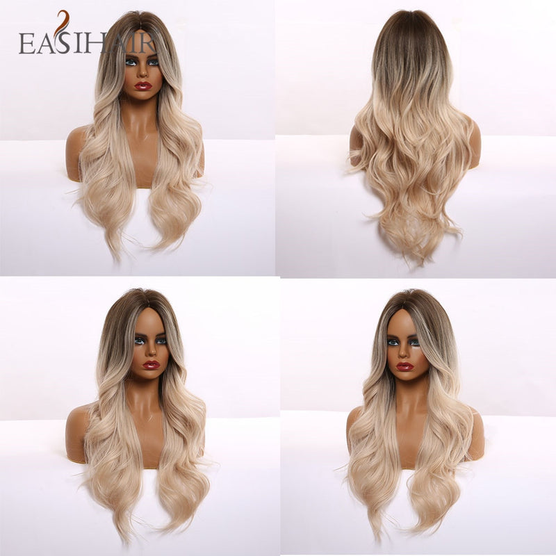 EASIHAIR largo rubio claro Ombre pelucas de estilo ondulado Natural pelucas sintéticas resistentes al calor pelucas de Cosplay de pelo de parte media para mujeres