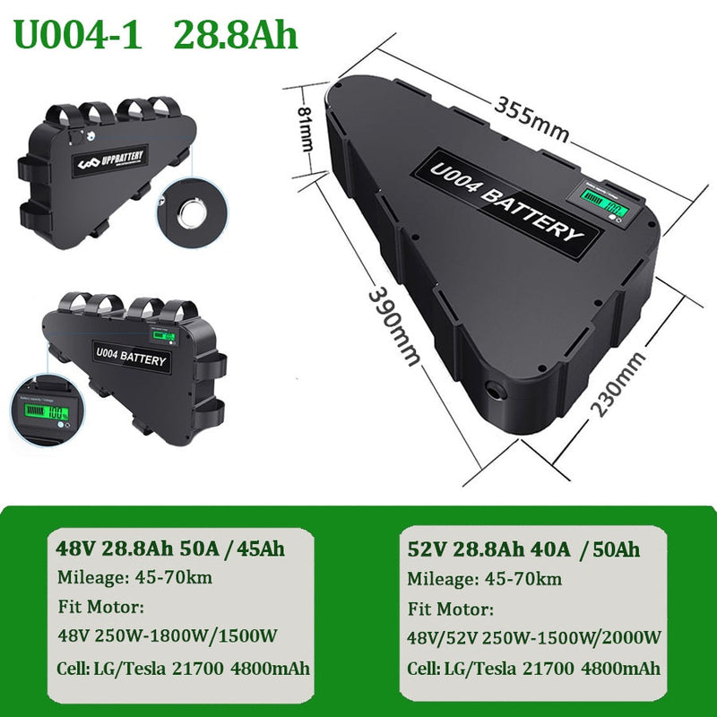 Batería LG Tesla EBike 21700 18650 paquete de batería triangular 36V 48V 52V 20Ah 24Ah 28.8Ah para Motor de 750W 500W 1000W 2000W