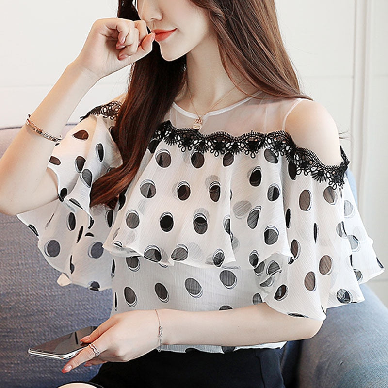 Fashion Women Tops and Blouses 2023 Short Sleeve Ladies Tops Polka Dot Chiffon White Blouse Shirt Blusas Feminine Blouses 0611