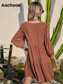 Aachoae Women Casual Loose Polka Dot Dress V Neck Pleated Chiffon Dress Lantern Half Sleeve Mini Beach Dress Summer Robe Femme