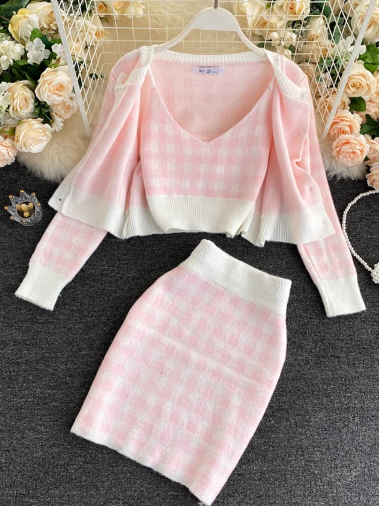 Korean Sweet Knit Plaid Cardigans + Camisole + Skirts 3pcs Sets Girls Short Sweater Coat + Vest + Mini Skirt Suits Women Outfits