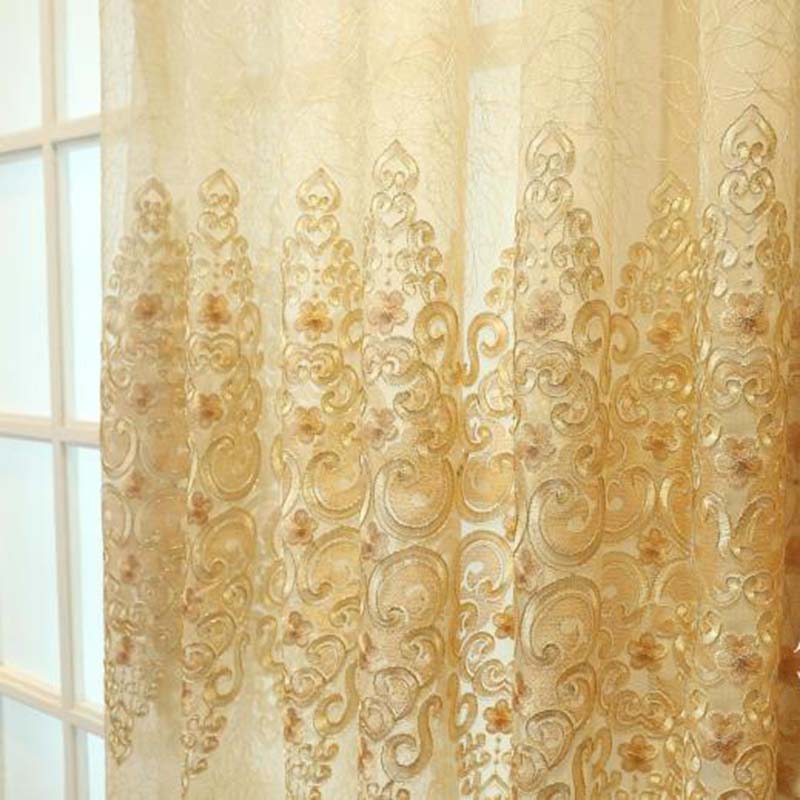 European Luxury Beige Yellow Elegance Embroidery Lace Floral Tulle Curtain For Living Room Kitchen French Window Drapes M086