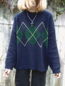 Strickpullover Frauen Casual Pullover Mode Argyle Pullover Winter College Stil Lose Top Frau Pullover Sueter De Mujer 2021