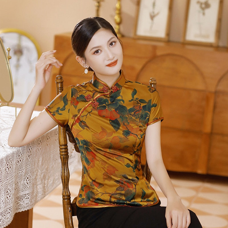 Traditional Chinese Print Flower Women Tang Coat Tops Sexy Slim Shirt Soft Silk Satin Blouse Vintage Classic Clothing Plus Size