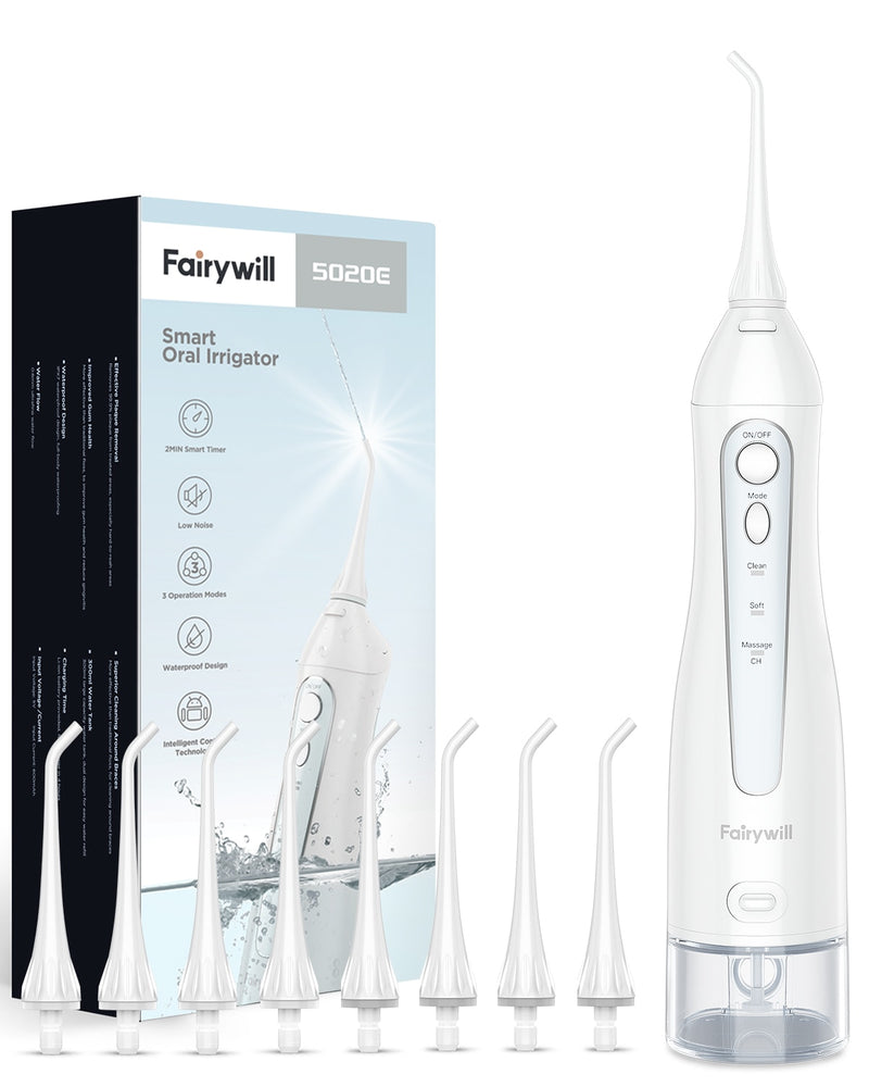 Fairywill Water Flossers for Teeth 300ML Oral Irrigator Rechargeable Portable Dental 3 Modes Water Tank Waterproof Teeth Cleaner
