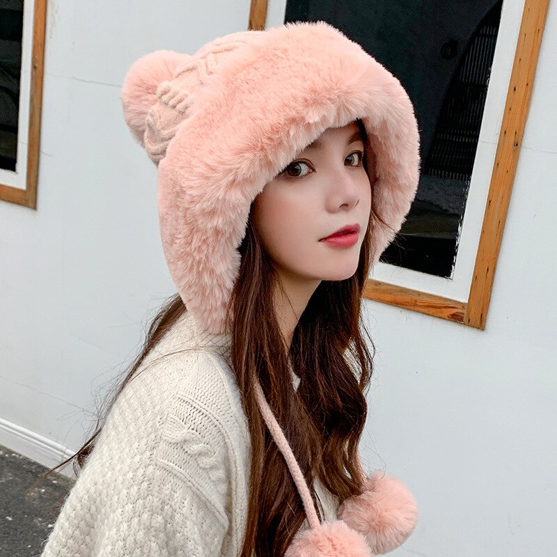 Sparsil Woman Autumn Winter Mink Knit Bomber Hat Thick Female Fluffy Pompom Outdoor Warm Windproof Earflap Trapper Snow Ski Caps