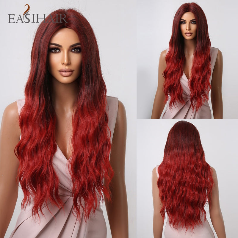 EASIHAIR Long Wavy Dark Brown Black Synthetic Wigs Natural Middle Part Hair Wigs for Women Daily Cosplay Party Heat Resistant