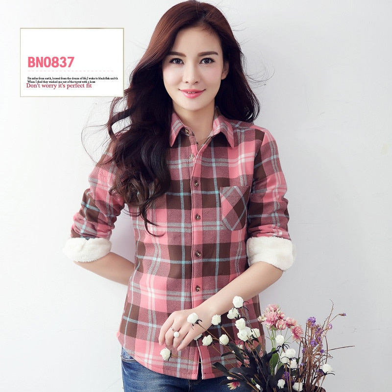 S-4XL Women Cotton Shirt Spring Autumn Winter 2022 New Casual Long-sleeve Brushed Plaid Stripe Shirts Girl's Tops Blouse Female