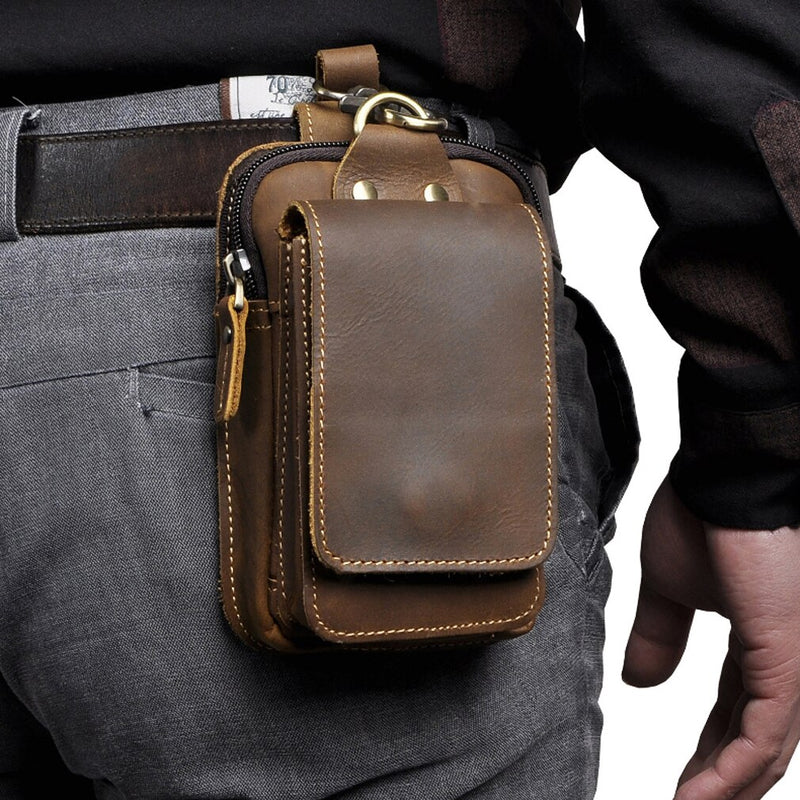 Men Genuine Leather Fanny Pack Cell Phone Cigarette Key Case Coin Purse Pouch Hip Bum Belt Crazy Horse Cowhide Hook Waist Bag