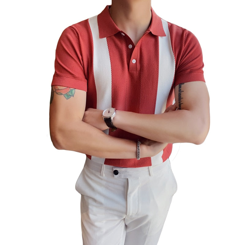 POLO informal de punto de manga corta para hombre, camisa POLO de seda helada con solapa ajustada británica de Color en contraste, ropa para hombre 2020