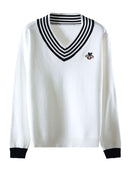 European Style Spring Autumn Women Bee Embroidery Sweater Elegant V-neck Knitted Loose Striped Long Sleeve Pullover  C-019