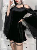 InsGoth Goth Sexy Flare manga vestido negro Y2K Harajuku alta cintura una línea Mini vestidos fuera del hombro Punk Halloween otoño vestido