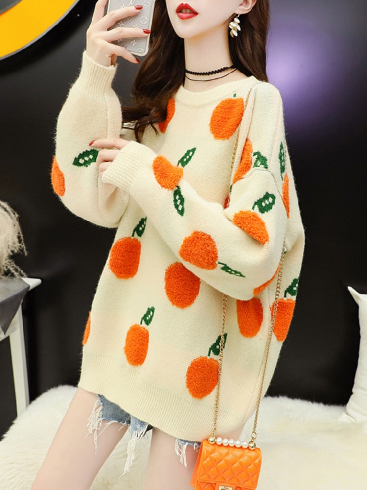H.SA 2022 Winter Pullover Pullover Frauen Nette Frucht Pullover Pull Pullover Orange Apple Bedruckte Koreanische Tops Übergroße Pullover