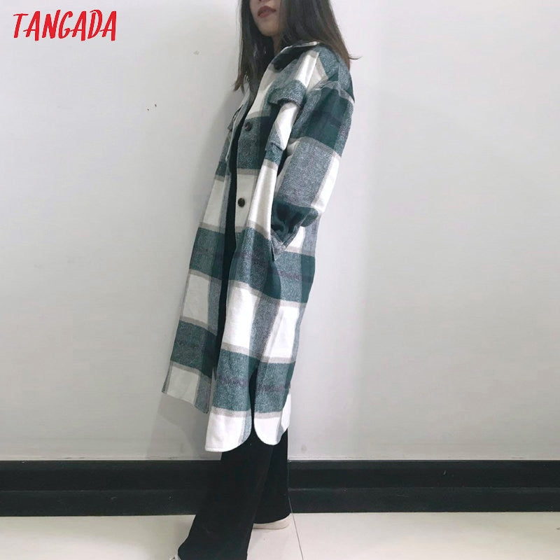 Tangada 2020 Otoño Invierno mujer verde plaid abrigo largo chaqueta Casual cálido abrigo moda abrigos largos AI35