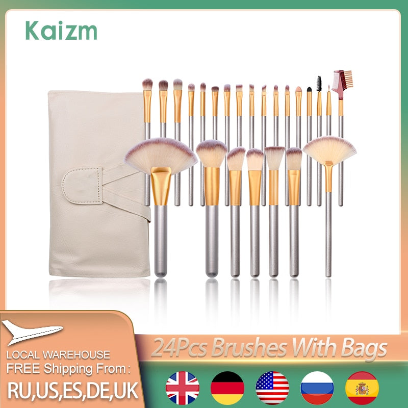 Kaizm 24Pcs Makeup Brushes Sets Beauty Tools Cosmetics Blending EyeShadow Lip Powder Foundation Make-up Brush Tool Kit With Bags