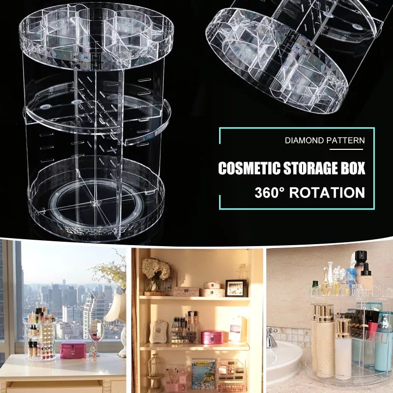 360 Degree Rotating Cosmetics Storage Rack Height Adjustable Makeup Organizer Assembly Skin Care Holder Bathroom Display Case