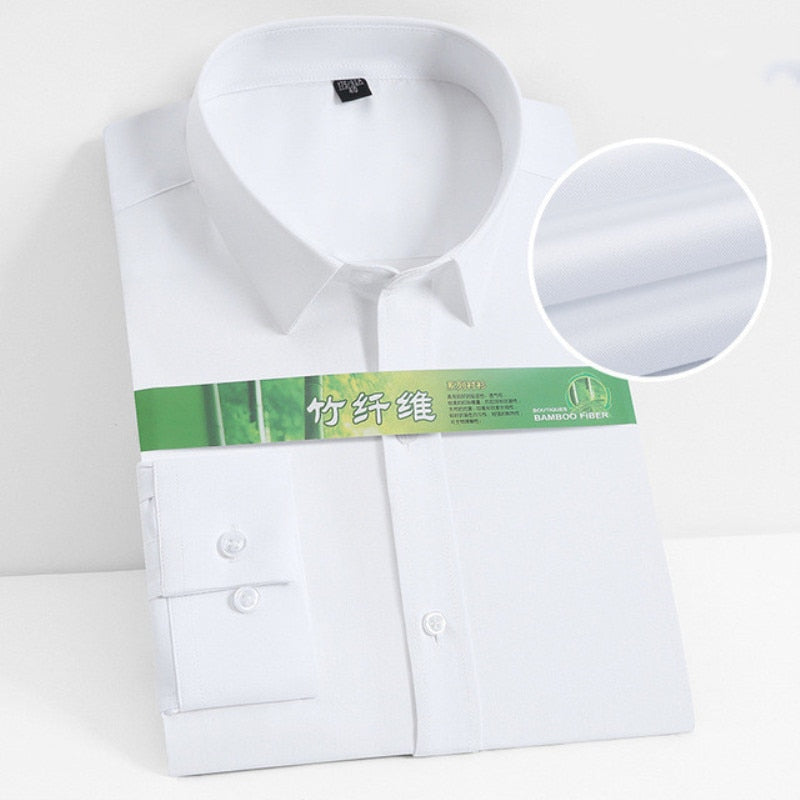 Stretch-Anti-Falten-Herrenhemd mit langen Ärmeln aus Bambusfaser für Herrenhemden, formelle soziale Camisas, weiße Hemden ohne Tasche