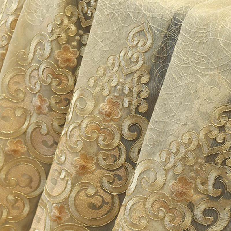 European Luxury Beige Yellow Elegance Embroidery Lace Floral Tulle Curtain For Living Room Kitchen French Window Drapes M086