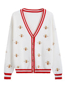 High Quality Fashion Designer Bee Embroidery Cardigan Long Sleeve Single Breasted Contrast Color Button Knitted Sweaters C-068