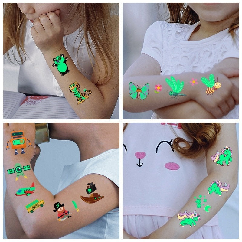 Pegatinas de tatuaje luminosas para niños, tatuajes falsos temporales, pasta brillante en la cara, brazo, pierna para niños, arte corporal, pegatina de sirena