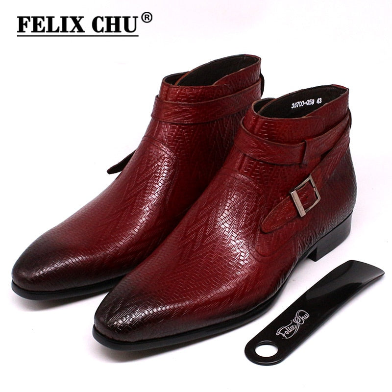 Handmade Men Ankle Boots Felix Chu Genuine Leather Mens Motorcycle Boots Black Red Buckle Strap High Top Dress Shoes for Men