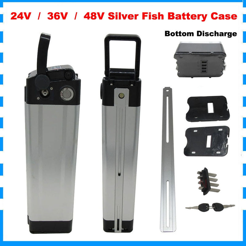 24 V 36 V 48 V Elektrische E Bike Batterie Box Fall Abdeckung Leer Silber Fisch Ebike Aluminium Gehäuse Zubehör Unten / Oben Entladung