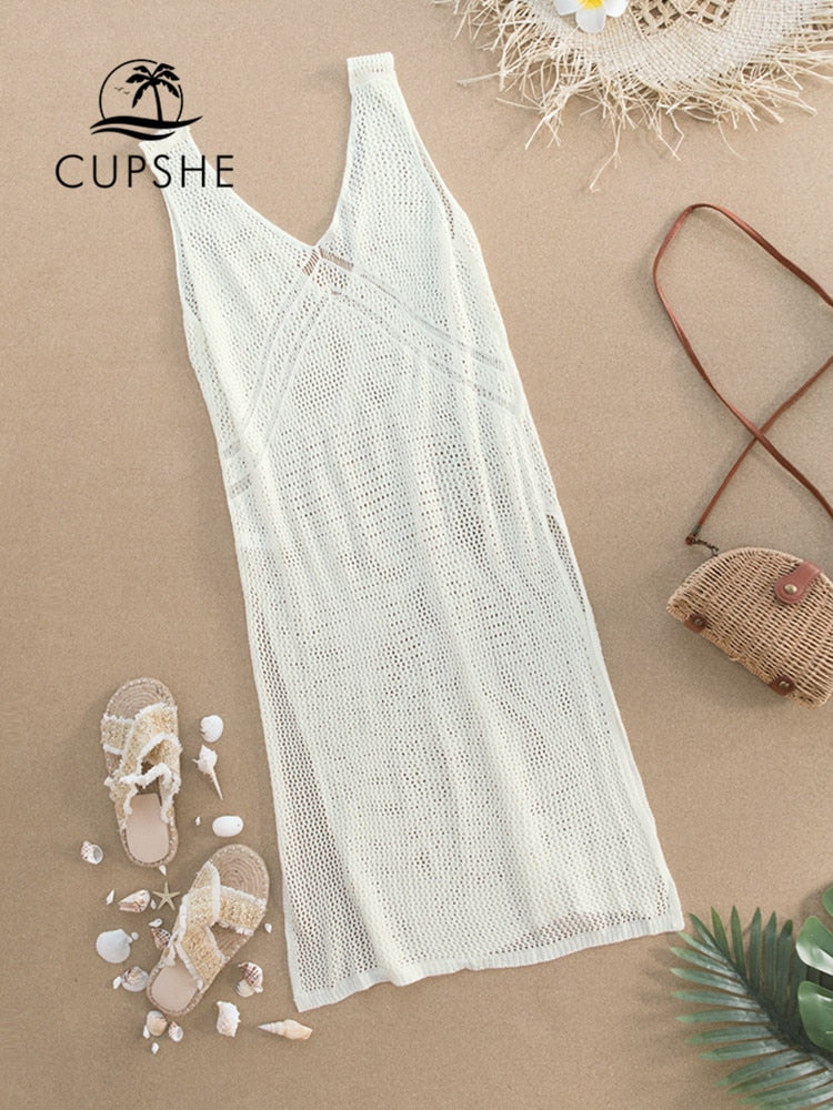 CUPSHE Ivory V-neck Hollow Out Cover Up Woman Swimsuit Sexy Side Split Sleeveless Beach Midi Dress 2022 Summer Dress Beachwear